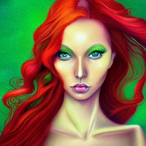 Image similar to an elegant Redhead Pleiadian alien human beautiful hybrid feminine woman, green skin, feminine face, long gorgeous red hair in loose curls, with stunning green eyes, cute face and a roundish nose, as a retrofuturistic heroine, face and body, gorgeous psychedelic digital painting, artstation, concept art, smooth, sharp focus, illustration, art by artgerm and donato giancola and Joseph Christian Leyendecker, Ross Tran, WLOP