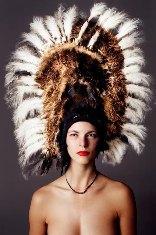Prompt: a woman in a buffalo headdress wearing fur, cosplay, photoshoot, studio lighting, photograph by Bruce Weber