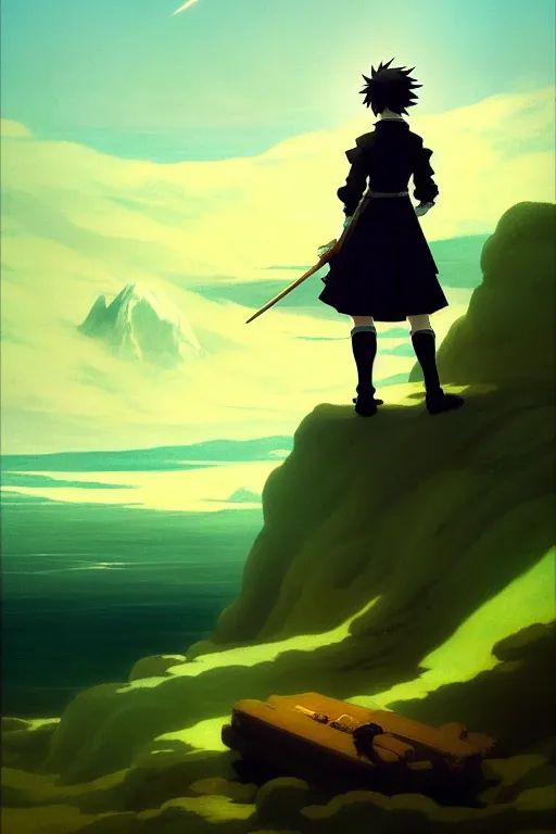 Image similar to anime key visual of wanderer above the sea of fog 1 8 1 8 but figure is anime maid in armor set in grimdark fantasy, in the style of jamie wyeth james gilleard edward hopper greg rutkowski acrylic painting, oil on canvas, preserved museum piece, historical