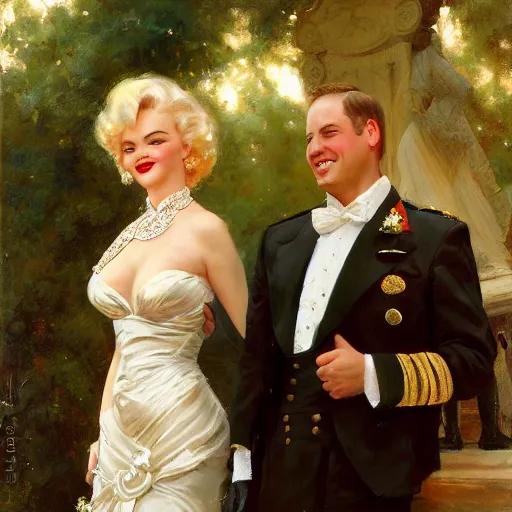 Prompt: detailed painting of prince william marrying attractive marilyn monroe, highly detailed painting by gaston bussiere, craig mullins, j. c. leyendecker 8 k, smiling couple, royal painting