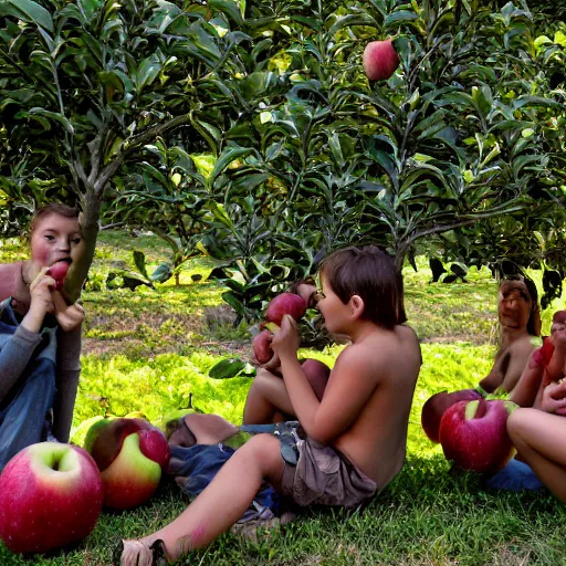 Prompt: a group of apples eating people that grow on trees