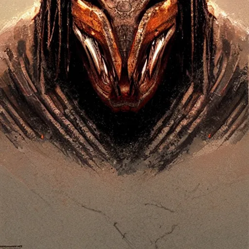 Image similar to A frontal head portrait of The Predator , by dreadjim, Greg Rutkowski, james gurney, epic scifi character art, Exquisite detail, post-processing, low angle view, masterpiece, cinematic