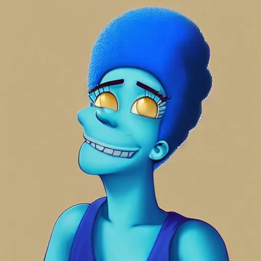 Image similar to very beautiful marge simpson, smiling, flirty, eye contact, perfect face, perfect body, drawn by artgerm