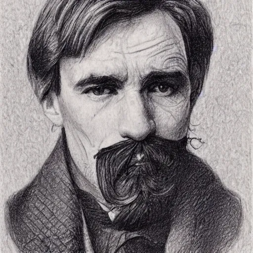 Image similar to A crosshatched portrait drawing of Jerma985 with a pyramidal mustache in the mid-late 1800s, cross haching, crosshatching, mid-late 1800s, grainy, realistic, hyperrealistic, very realistic, highly detailed, very detailed, extremely detailed, detailed, trending on artstation