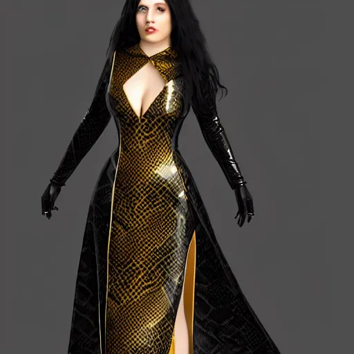 Image similar to curvy feminine hot goth cutie with sublime modest elegant patterned gold-black snakeskin leather neck-high gown, cgsociety, photorealistic, comfy ambience, idealistic, 16k, smooth, sharp focus, trending on ArtStation, volumetric lighting, fully clothed, worksafe