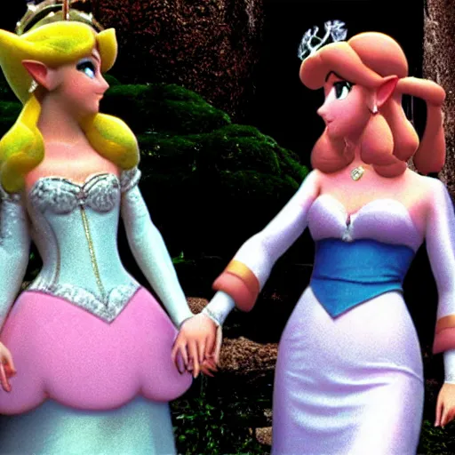 Image similar to the lesbian wedding of princess peach and princess zelda, photo, photograph, film