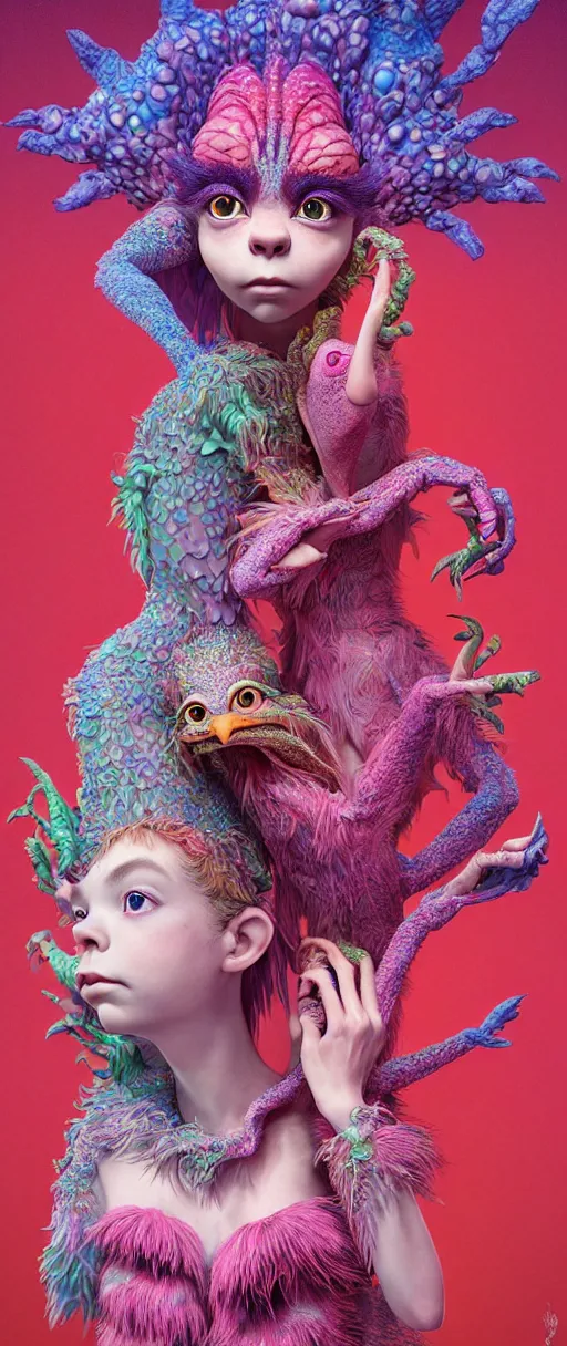 Image similar to hyper detailed 3d render like a Oil painting - kawaii portrait of two Aurora (a beautiful skeksis muppet fae princess protective playful from dark crystal that looks like Anya Taylor-Joy) seen red carpet photoshoot in UVIVF posing in scaly dress to Eat of the Strangling network of yellowcake aerochrome and milky Fruit and His delicate Hands hold of gossamer polyp blossoms bring iridescent fungal flowers whose spores black the foolish stars by Jacek Yerka, Ilya Kuvshinov, Mariusz Lewandowski, Houdini algorithmic generative render, Abstract brush strokes, Masterpiece, Edward Hopper and James Gilleard, Zdzislaw Beksinski, Mark Ryden, Wolfgang Lettl, hints of Yayoi Kasuma and Dr. Seuss, octane render, 8k