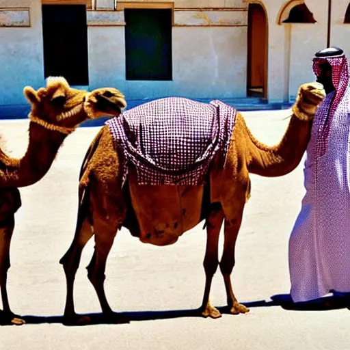 Prompt: camel stealing an ice cream from the hands of a saudi arabian prince