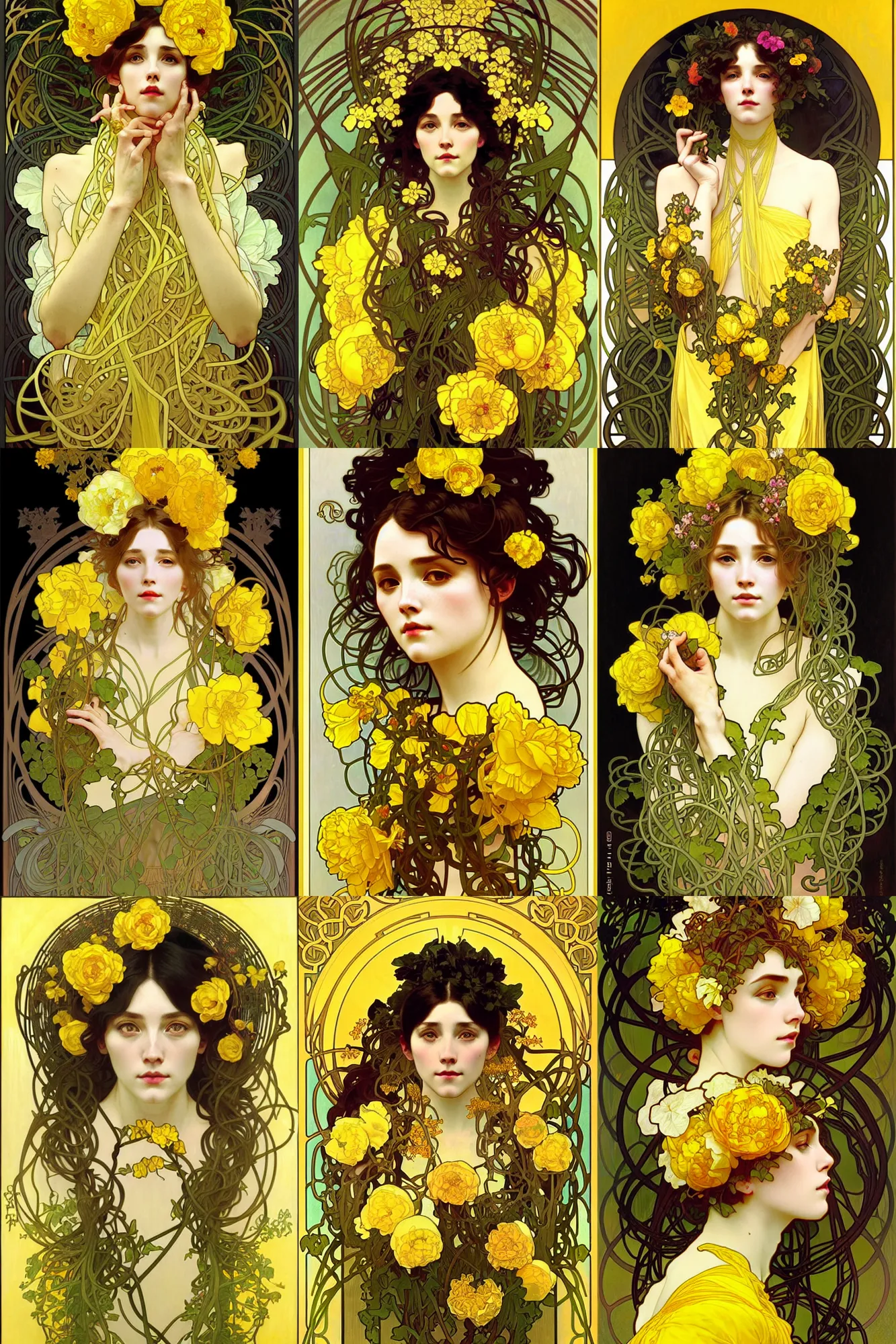 Prompt: beautiful yellow woman, symmetrical portrait, realistic, black peonies, tangled vines, rich details, by wlop and alphonse mucha