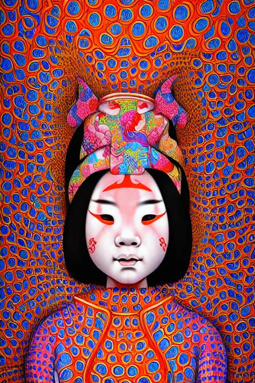 Prompt: realistic detailed image of a geisha in a robe laying down in a padded room, conjuring psychedelic background, part by yayoi kusama, part by alex gray, part by ross tran, part by james jean, ultra realistic, highly detailed, detailed face, detailed hands, detailed body, 8 k, trending on artstation, very cohesive, masterpiece