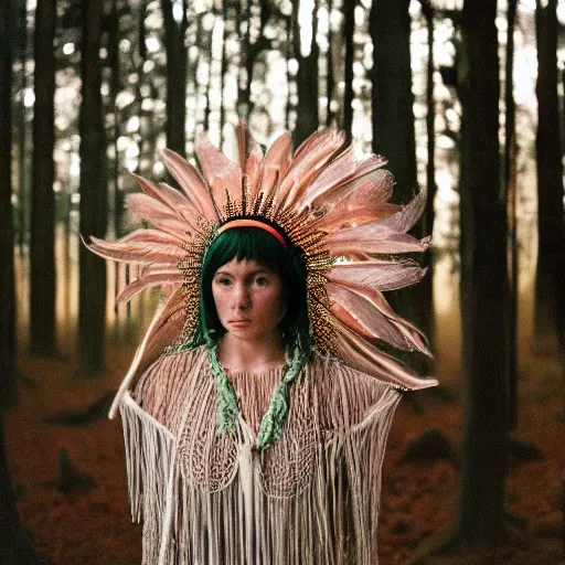 Prompt: woman in a headdress made of wire and scales stands in a magical forest, cinematic, Kodak Portra 800 film