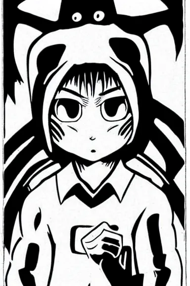 Prompt: attractive little boy in black cat suit, black and white artwork made by yoshihiro togashi,