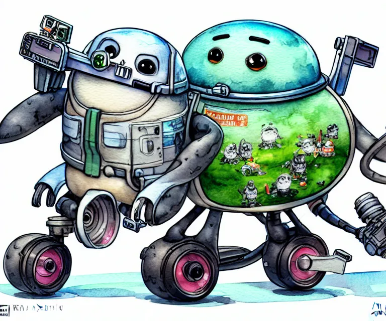 Image similar to cute and funny, penguin riding in a mechanized mech unit, ratfink style by ed roth, centered award winning watercolor pen illustration, isometric illustration by chihiro iwasaki, edited by range murata, tiny details by artgerm and watercolor girl, symmetrically isometrically centered, sharply focused