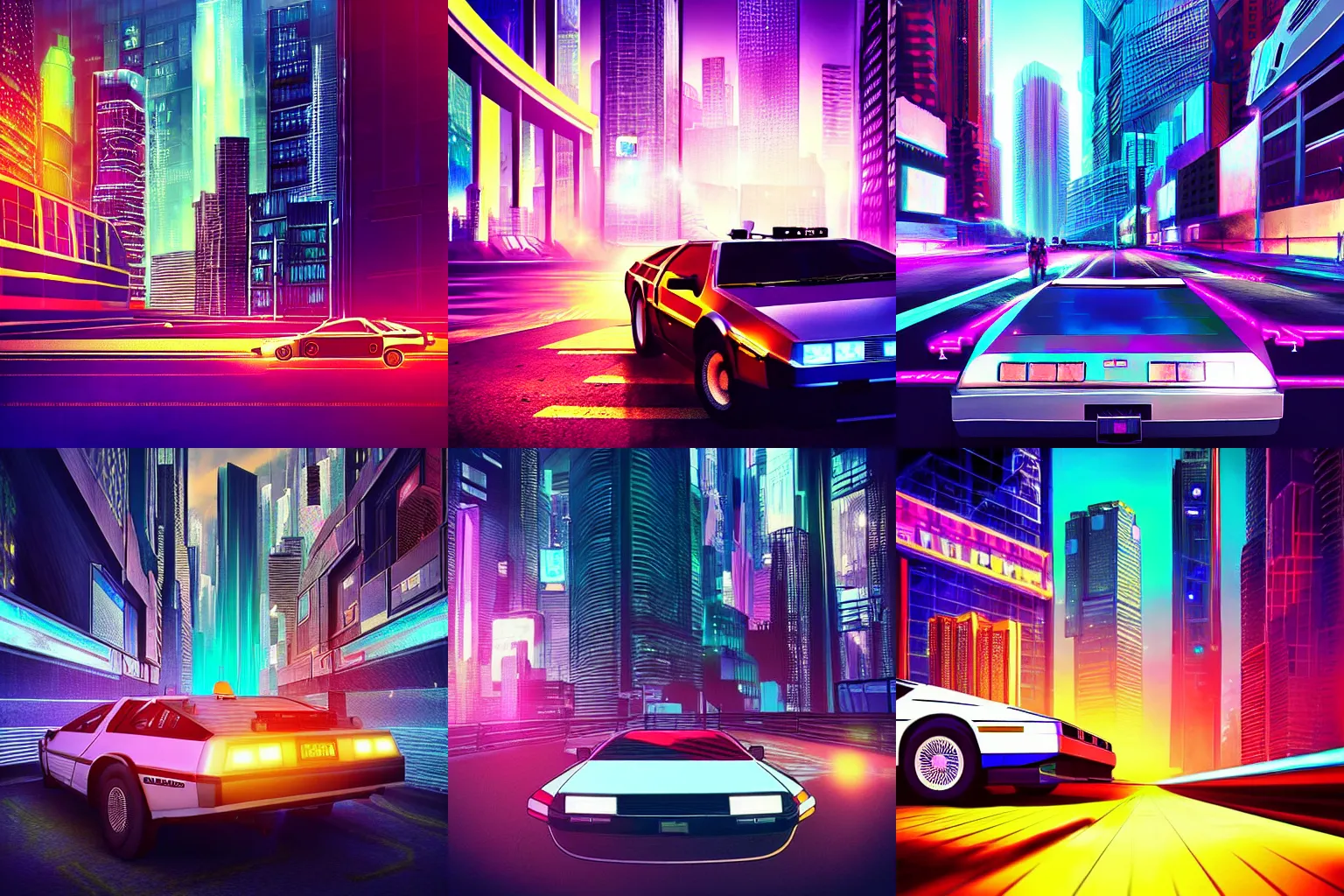 Prompt: “delorean in a cyberpunk city with skyscrapers, art station award winner, digital art, ray trace, vibrant, neon colors”