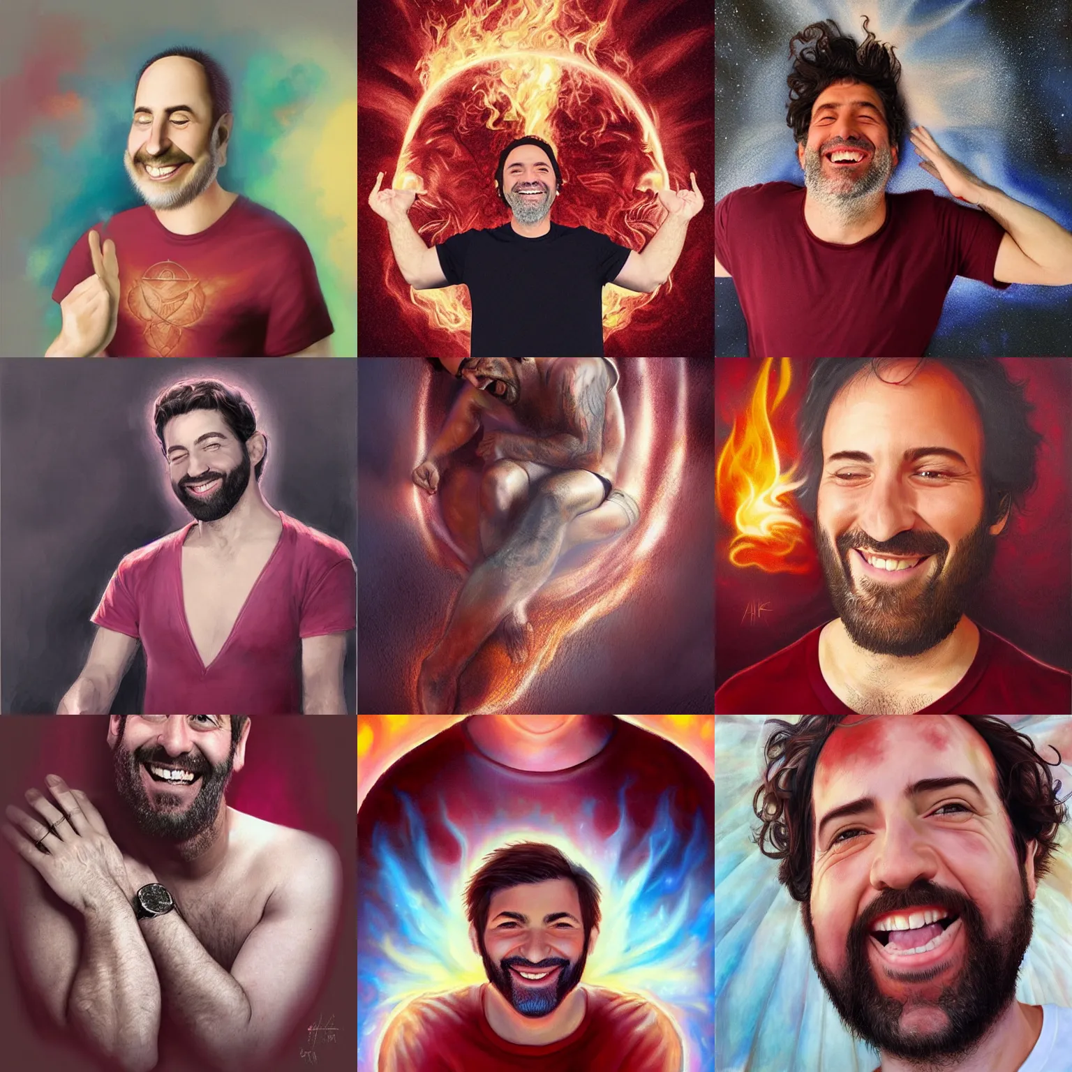 Prompt: a happy white spanish - jewish man in his early 4 0 s, heavenly fire is enveloping his body and head, the man is wearing a plain t - shirt of burgundy color, art by artgerm