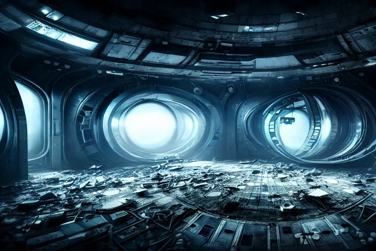 Image similar to set design for a science fiction movie on a derelict space station, cinematic, elegant, professional studio light, real dlsr photography, sharp focus, 4 k, ultra hd, sense of awe, high fashion