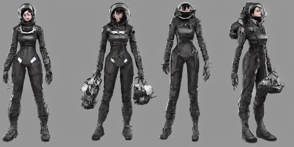 Image similar to front and back character view of a woman in scientist's jacket with a system of straps and pouches for collecting material by Donato Giancola and Tetsuya Nomura, trending on artstation and pixiv clean sci-fi concept art and sheet that using unreal engine 5 render and hyper detailed 3D texture with cinematic software light