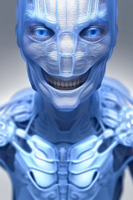 Image similar to hyperrealistic close-up translucent intricate exoskeleton!! smiling chinese man covered highly detailed concept art eric zener elson peter cinematic side soft blue light high angle hd 8k sharp shallow depth of field