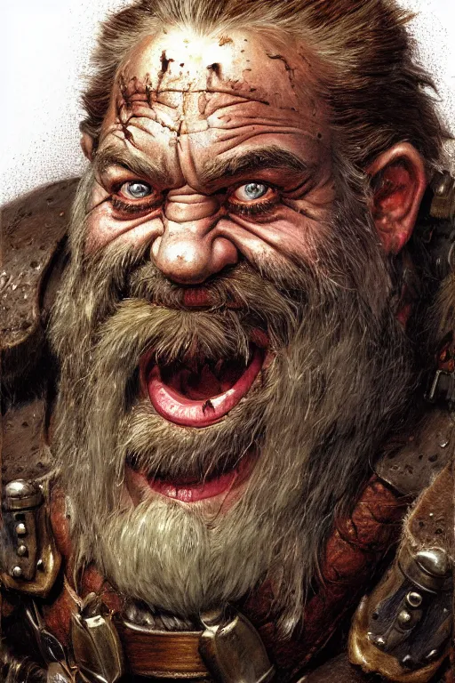 Image similar to head and shoulders portrait of a dwarf adventurer, jovial, scarred lip, grandfatherly, leather armor, male, tavern, high fantasy, d & d, by donato giancola, face details, extremely detailed, digital illustration