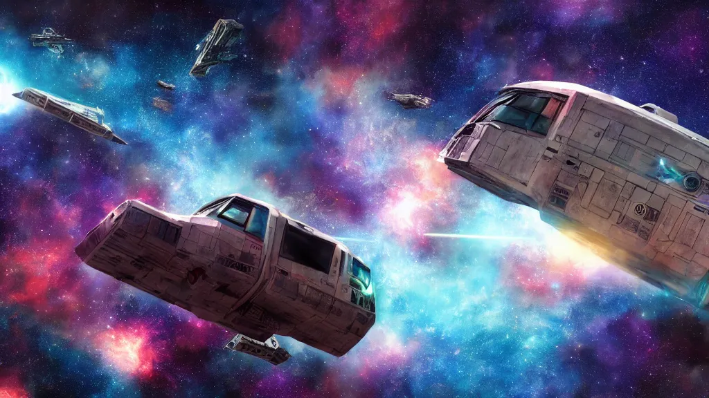 Image similar to a photorealistic concept art painting of a space van flying in front of a nebula, metal with graffiti on the side, star wars, 4 k hd wallpaper, premium prints available, hyper realistic, trending on artstation