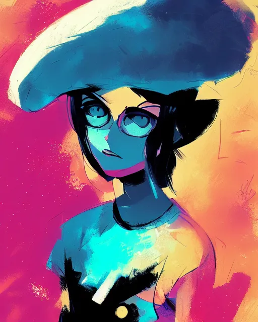 Image similar to girl with beret, colored manga panel, drawn by Anton Fadeev