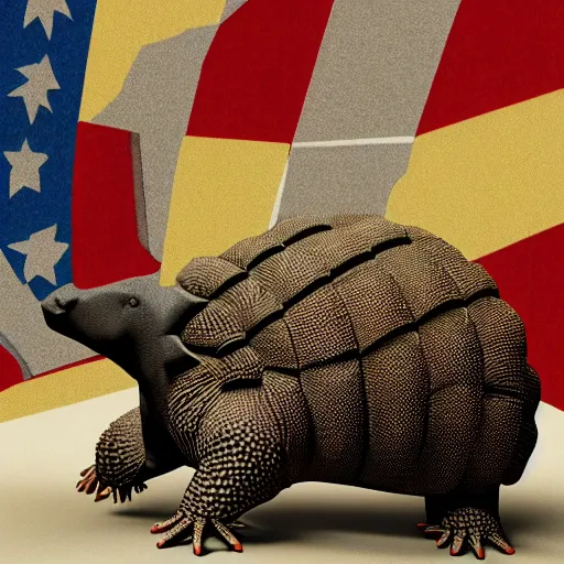 Prompt: armadillo patriot potus, modern art placed in a large living room, art designers magazine HD photo superrealism 3d 8k resolution