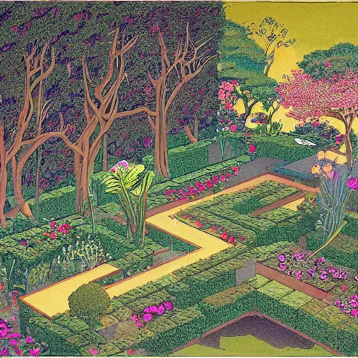 Prompt: an illustration of a beautiful garden, isometric view, painted by moebius and james jean