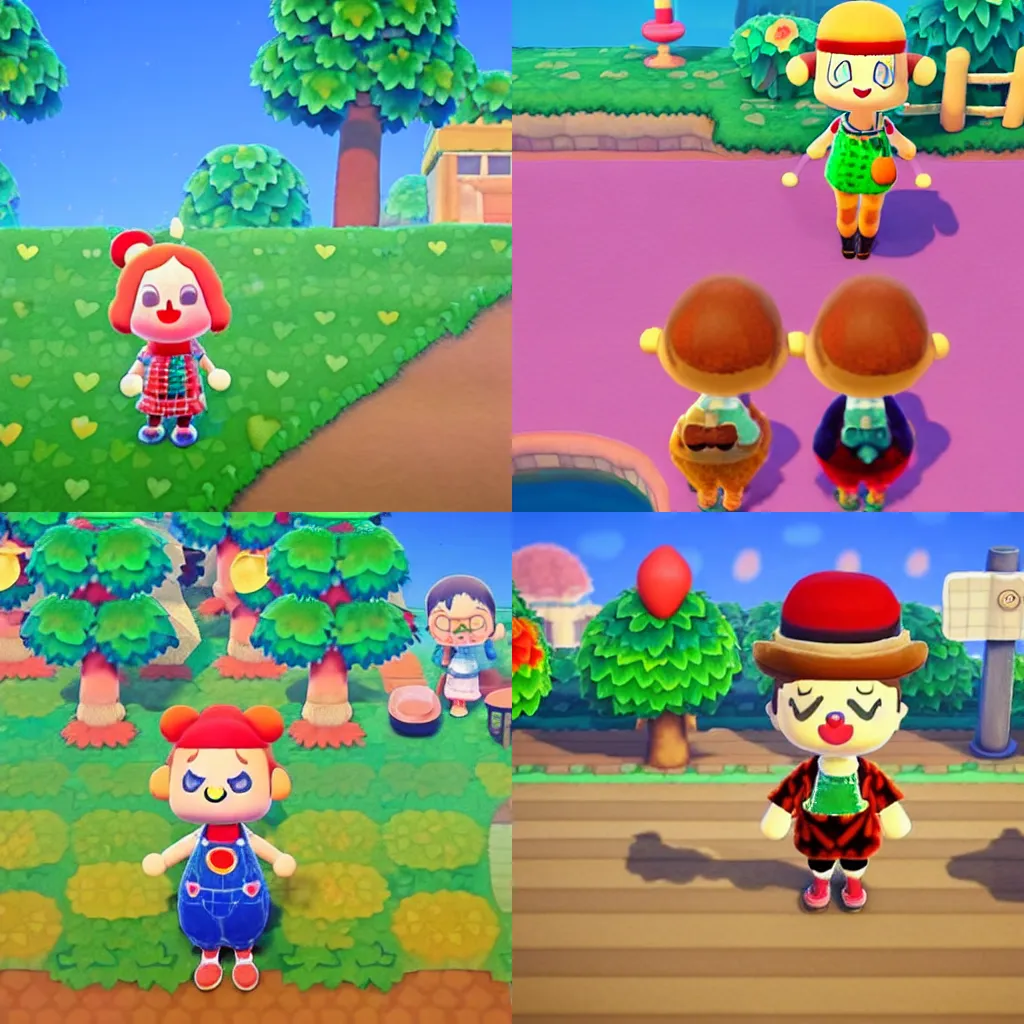 Prompt: clown in animal crossing village