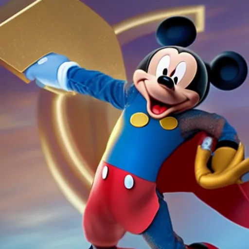 Image similar to Film still of Mickey Mouse as Thor, holding his Mjolnir