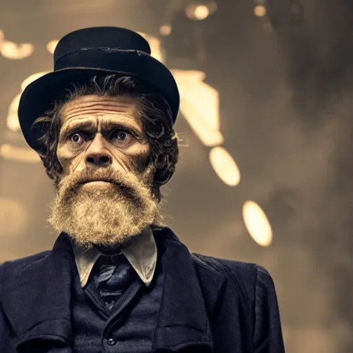 Image similar to willem dafoe as a rough dirty man with a scruffy beard in a dark blue trenchcoat and tophat as the new doctor who, cinematic, volumetric lighting, f 8 aperture, cinematic eastman 5 3 8 4 film, photorealistic