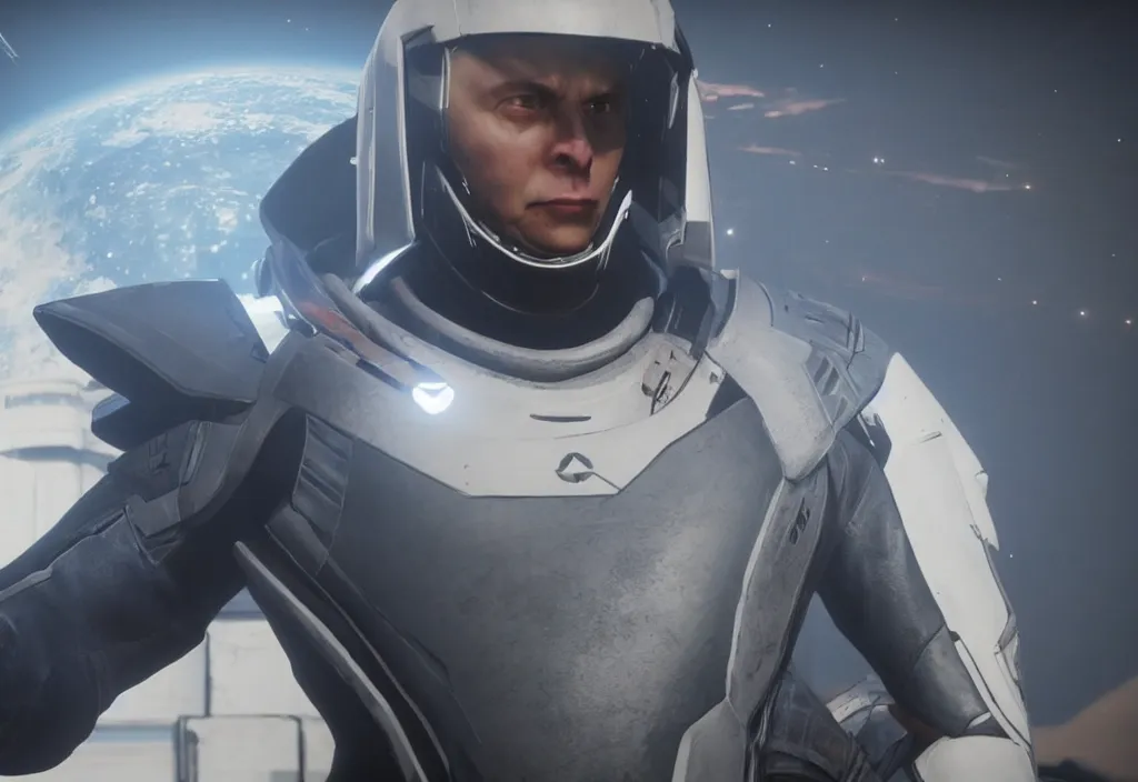 Image similar to elon musk in destiny 2, elon musk in the video game destiny 2, gameplay screenshot, close up, 3 d rendering. unreal engine. amazing likeness. very detailed.