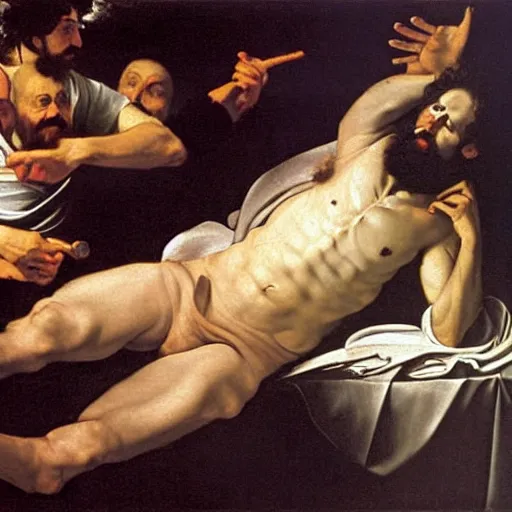 Image similar to the death of bob ross, by caravaggio,