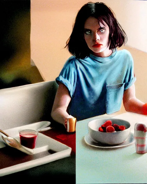 Image similar to 2 0 years old courtney cox eating cereal in her boyfriend's shirt, redshift, colour shift, wide shot, coloured polaroid photograph, pastel, kodak film, hyper real, stunning moody cinematography, by maripol, fallen angels by wong kar - wai, style of suspiria and neon demon, david hockney, detailed, oil on canvas