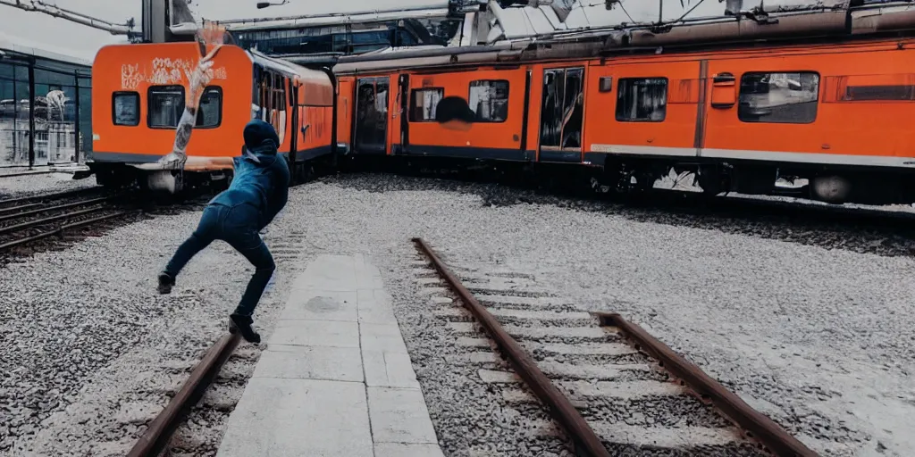 Image similar to a wide shot angle photography of a person trying to jump into a moving train from a platform