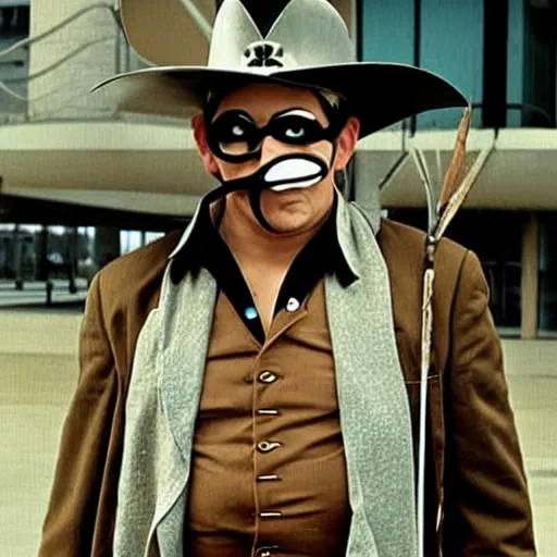 Image similar to Tim Robinson from I think You should Leave, dressed up as the the Lone Ranger outfit and eye mask disguise, photo from the TV show Hot Shots Megee