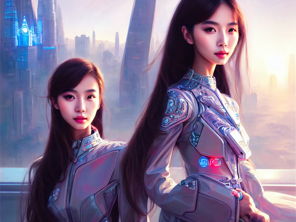 Image similar to portrait angelababy, futuristic hong kong police uniform girl, at future neon light rooftop, ssci - fi and fantasy, intricate and very very beautiful and elegant, highly detailed, digital painting, artstation, concept art, smooth and sharp focus, illustration, art by tan zi and ayanamikodon and alphonse mucha and wlop