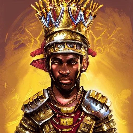 Prompt: a young black boy dressed like an african moorish warrior in gold armor and a crown with a ruby, and a very ornate glowing electric spear!, for honor character digital illustration portrait design, by android jones in a psychedelic fantasy style, dramatic lighting, hero pose, wide angle dynamic portrait