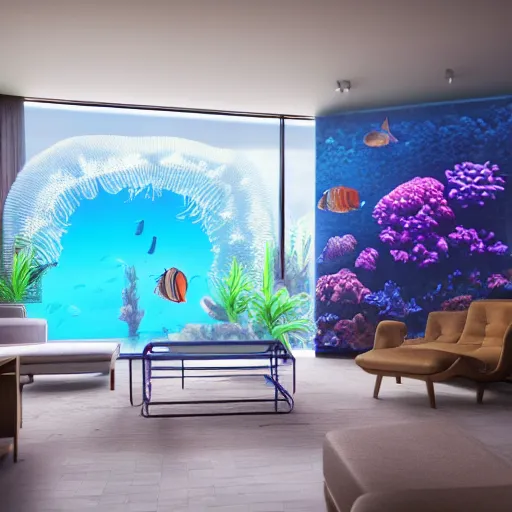 Image similar to the realistic photo of the modern room as aquarium with a chandelier as a big jellyfish, beautiful corals on the walls and sharks in the big panoramic window, a lot of gleans, under the ocean, realistic colors, realistic shadows, daylight made in blender, hd, 3 d by beeple and by greg rutkowski