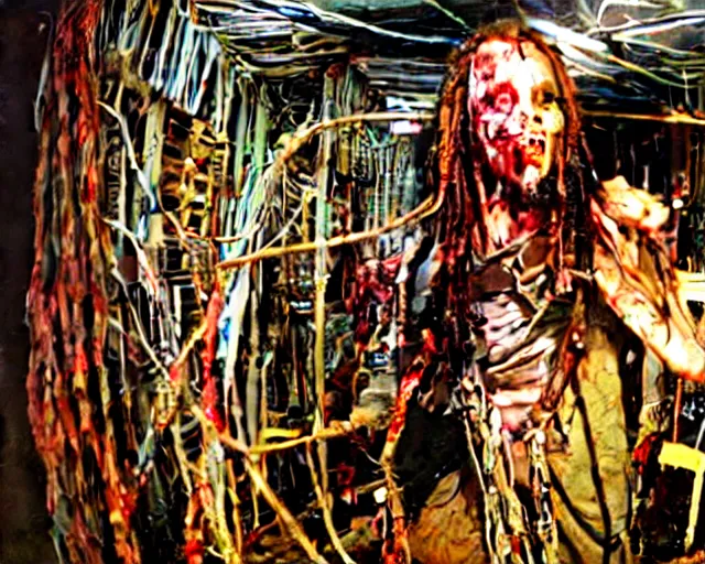 Image similar to rotten zombie jack sparrow [ covered in wires ] emerges from a cybercore portal in my disgusting room in the basement, 1 6 mm