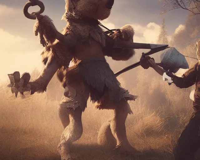 Image similar to gerald of rivia fighting with fursuit cosplayers, cinematic, concept art, wlop, beeple, highly detailed, face, hands, unreal engine, octane render