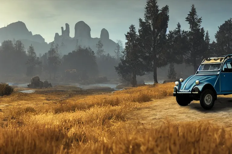 Image similar to offroad citroen 2 cv ( 1 9 6 5 ) driving across the rift, riften city in the background, epic fantasy, autumn, the elder scrolls v : skyrim, dramatic lighting, establishing shot, by simon stalenhag