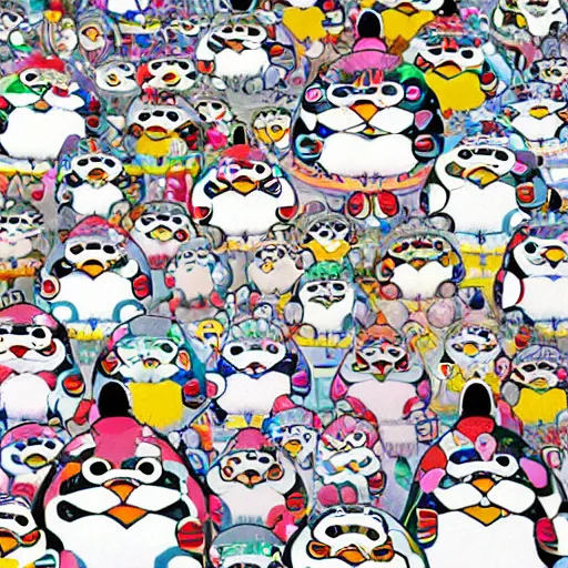 Prompt: illustration still of trippy furry chubby chibi penguins dancing by takashi murakami