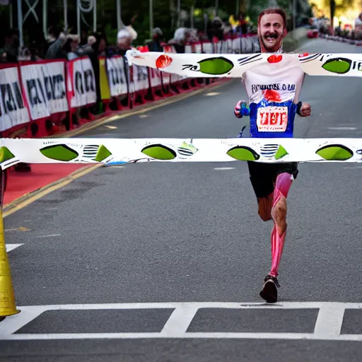 Image similar to A skeleton crossing the finish to win a marathon, award winning photograph,