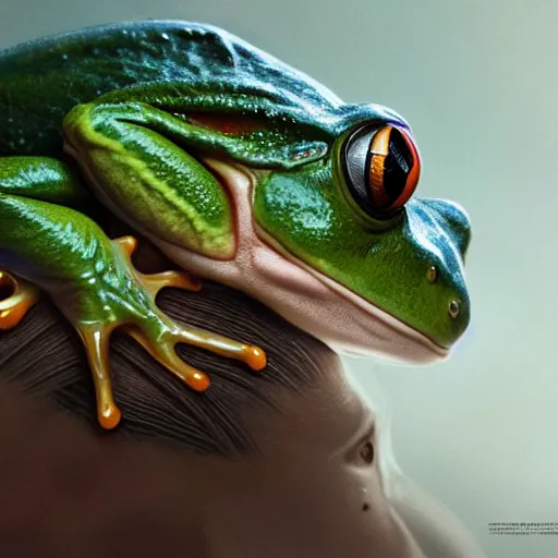 Image similar to a frog sitting on walter white's head, intricate, highly detailed, digital painting, artstation, concept art, smooth, sharp focus, illustration, unreal engine 5, 8 k, art by artgerm and greg rutkowski and alphonse mucha