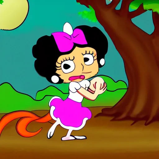 Prompt: betty boop riding a fox through the woods, cartoon, high definition