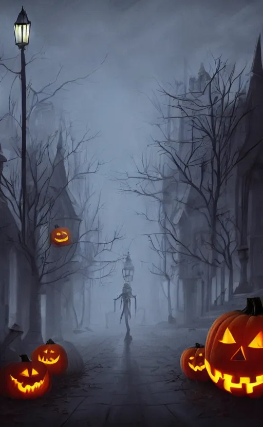 Image similar to a creepy and eery Halloween setting, with Jack o lanterns on the street and shadow figures lurking about, dynamic lighting, photorealistic fantasy concept art, stunning visuals, creative, cinematic, ultra detailed, trending on art station, spooky vibe