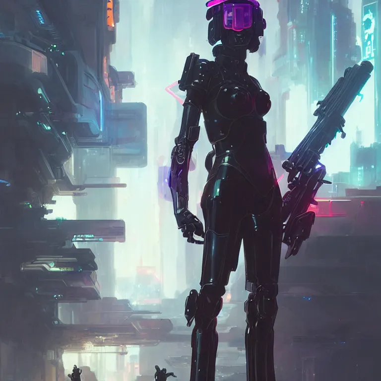 Prompt: a woman wearing a high - tech armor, sci - fi armor, holding a bazooka, neon lights, cyberpunk, anime, art by final fantasy, final fantasy concept art, final fantasy artwork, greg rutkowski, greg rutkowski art
