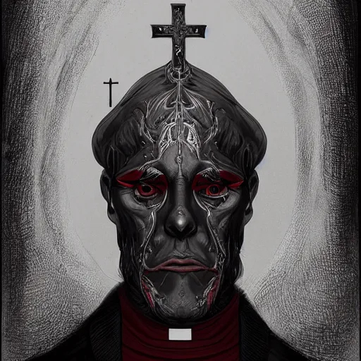 Prompt: portrait of a handsome Catholic priest with red eyes, dark, intricate details, highly detailed, eerie, concept art, digital painting, sharp, trending on artstation, award-winning. Art by Loran DeSore and Merwild