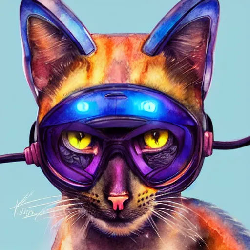 Prompt: beautiful detailed watercolor artwork of an anthropomorphic female cat wearing rgb gamer headset, super detailed, portrait, trending on artstation, deviantart, pixiv, made by jay naylor, dan mumford