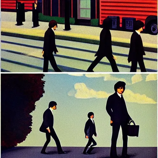 Prompt: beatles walk across the road by Raphael, Hopper, and Rene Magritte. detailed, romantic, enchanting, trending on artstation.